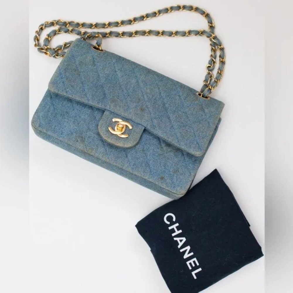 VTG CHANEL 1992 CLASSIC DENIM MEDIUM FLAP BAG PURSE CC TURN LOCK 24k - Picture 6 of 13